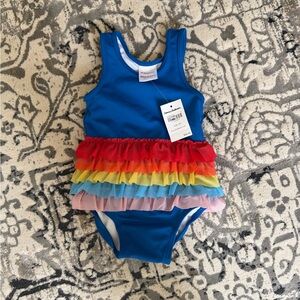 Hanna Andersson blue/rainbow ruffles infant swimsuit - 3-6 months